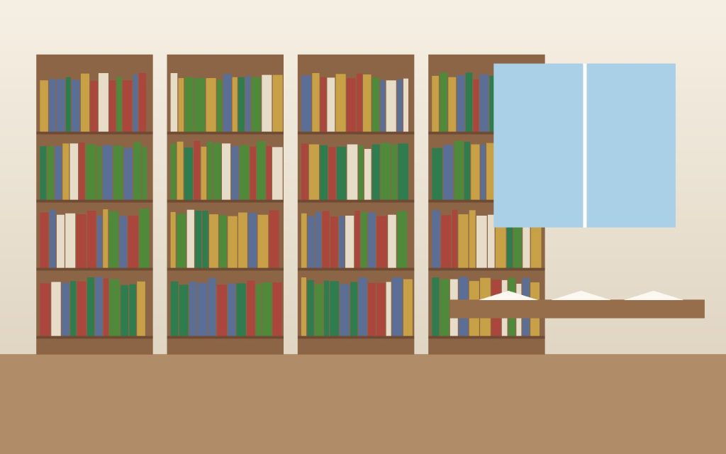 Ilustración de una sala de biblioteca con estanterías y ventana