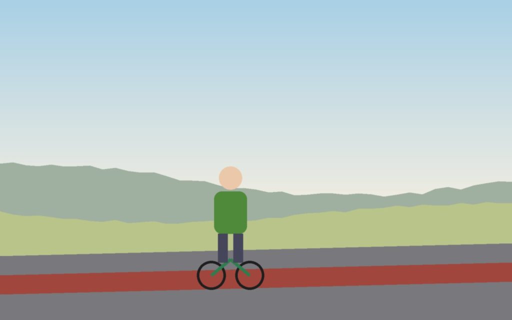Ilustración de una persona en bicicleta por un carril bici junto a la carretera