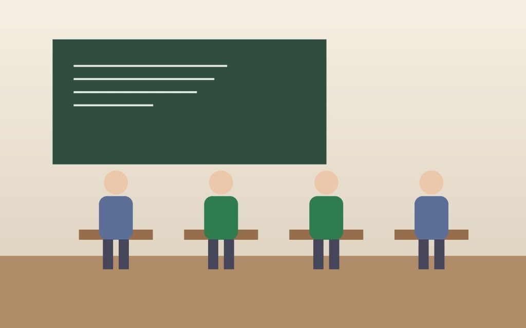 Ilustración de un aula con pizarra y alumnos sentados