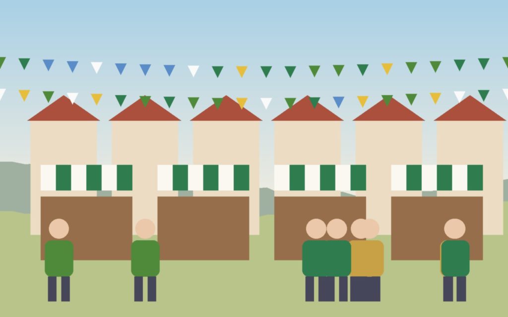 Ilustración de la plaza con puestos de feria con toldos de rayas y banderines