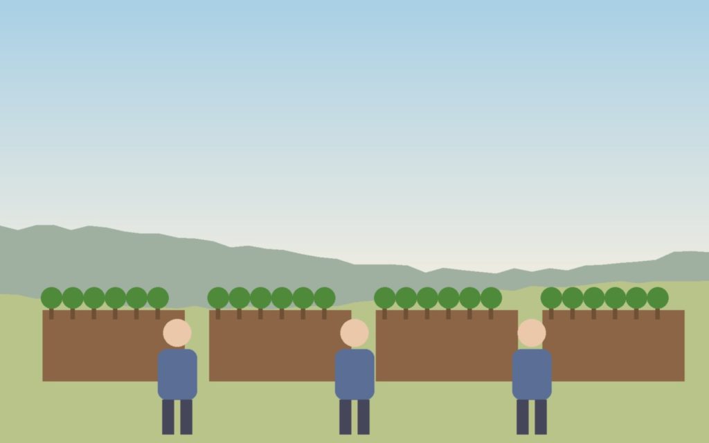 Ilustración de familias cuidando bancales de un huerto urbano