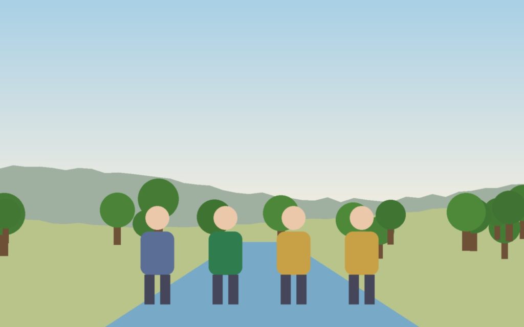 Ilustración de vecinos junto a la orilla de un río entre árboles