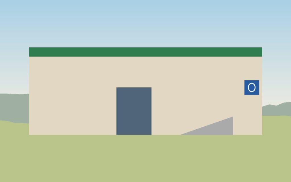 Ilustración de la fachada del polideportivo con una rampa de acceso